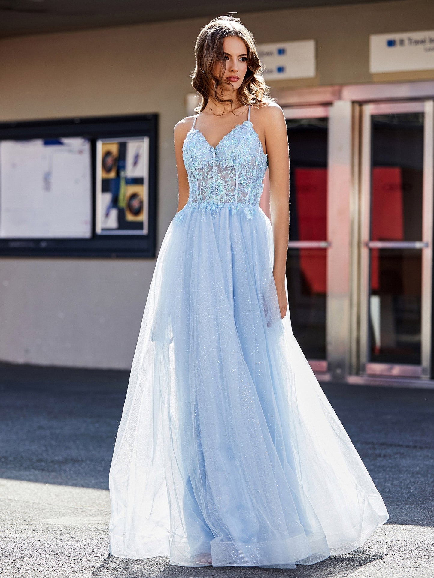 V Neck Corset Bodice Tulle Dress Sky Blue