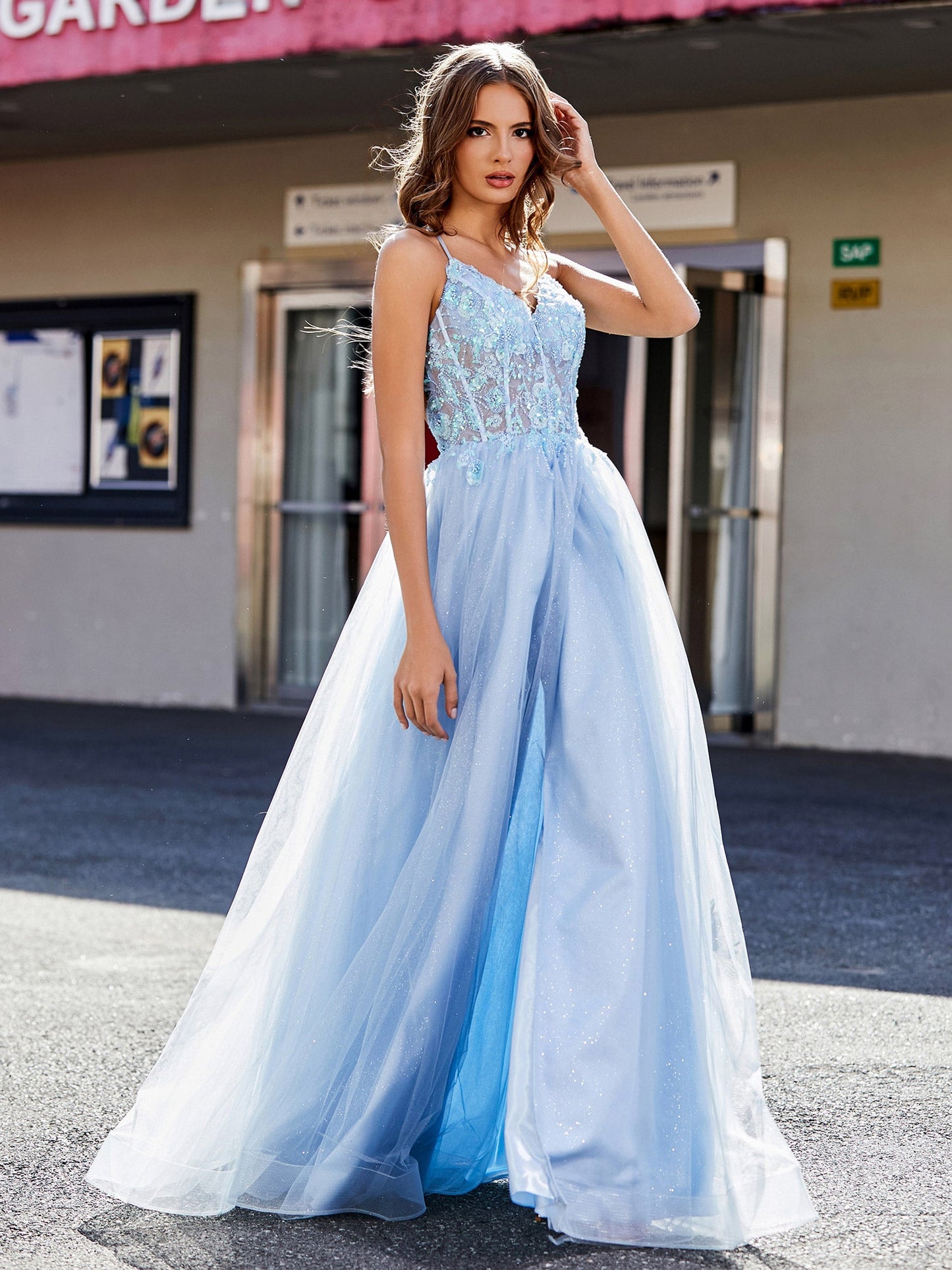 V Neck Corset Bodice Tulle Dress Sky Blue