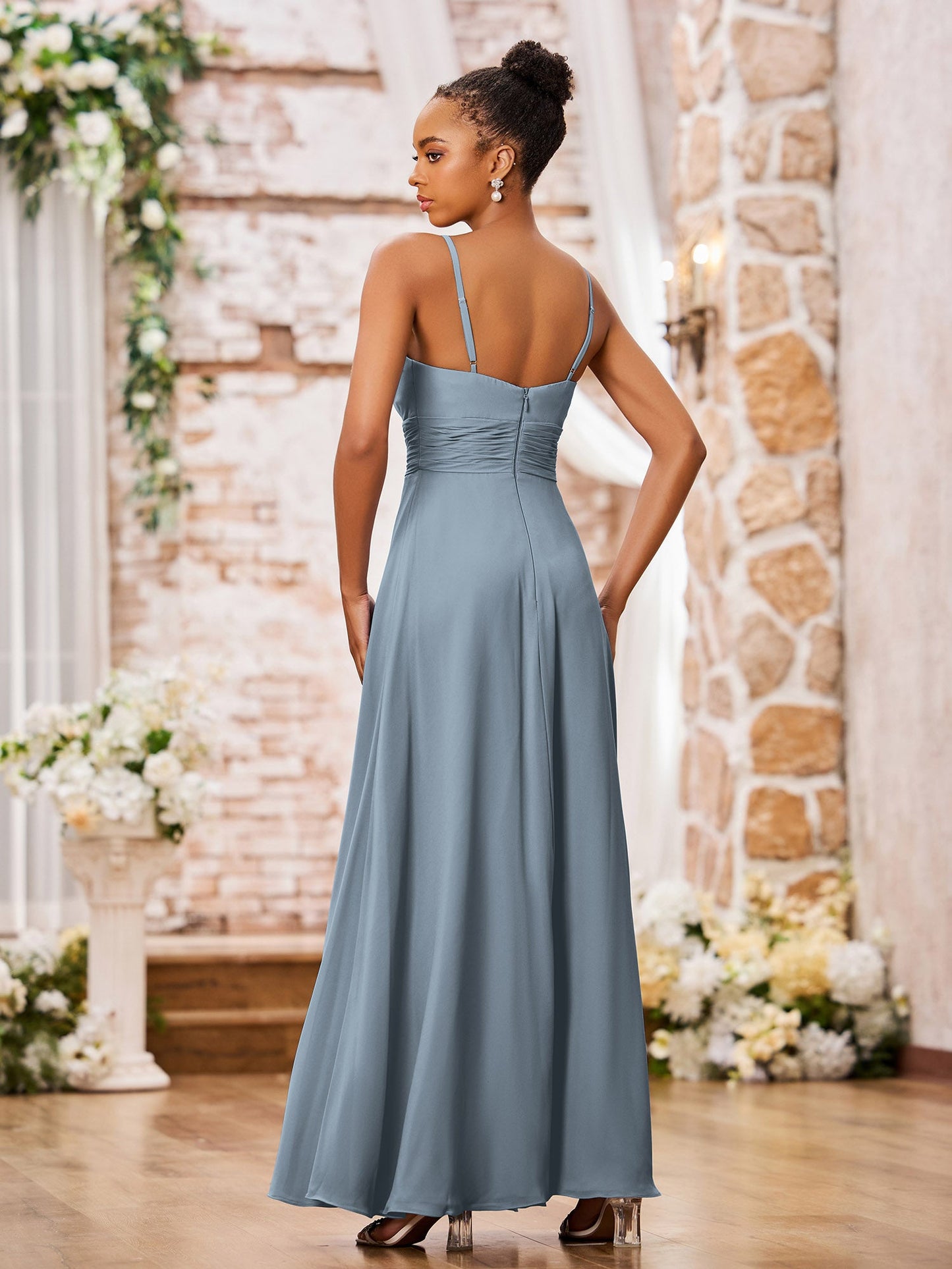 Spaghetti Straps A-line Maxi Bridesmaid Dresses with Slit Dusty Blue