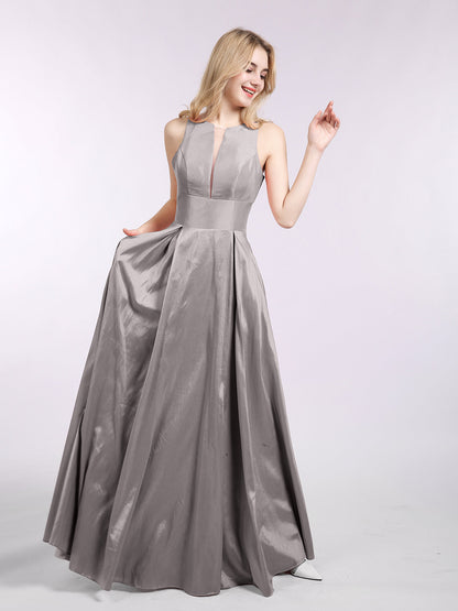 A-line Taffeta Long Dress with Pockets-Silver