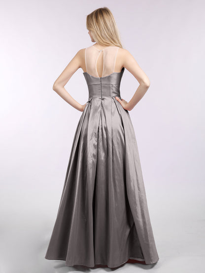 A-line Taffeta Long Dress with Pockets-Silver
