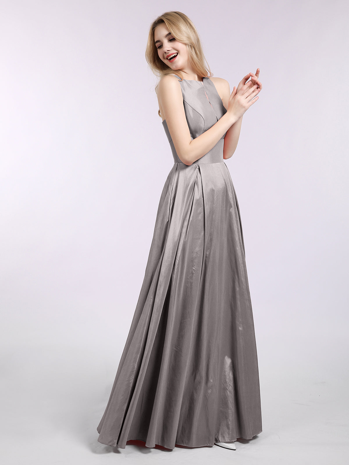 A-line Taffeta Long Dress with Pockets-Silver