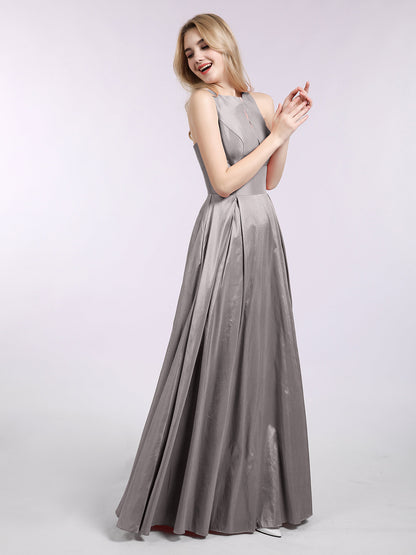 A-line Taffeta Long Dress with Pockets-Silver