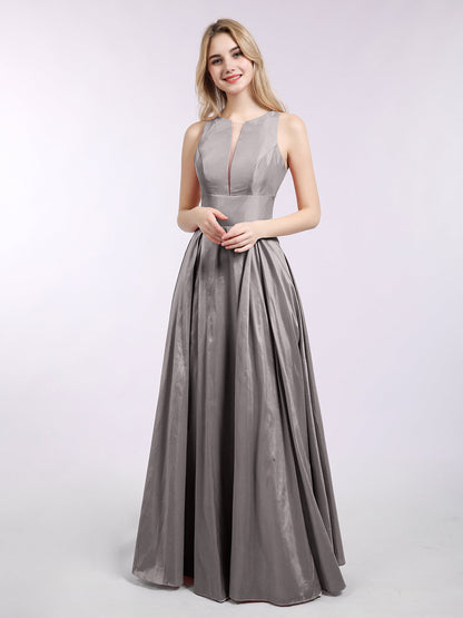 A-line Taffeta Long Dress with Pockets-Silver