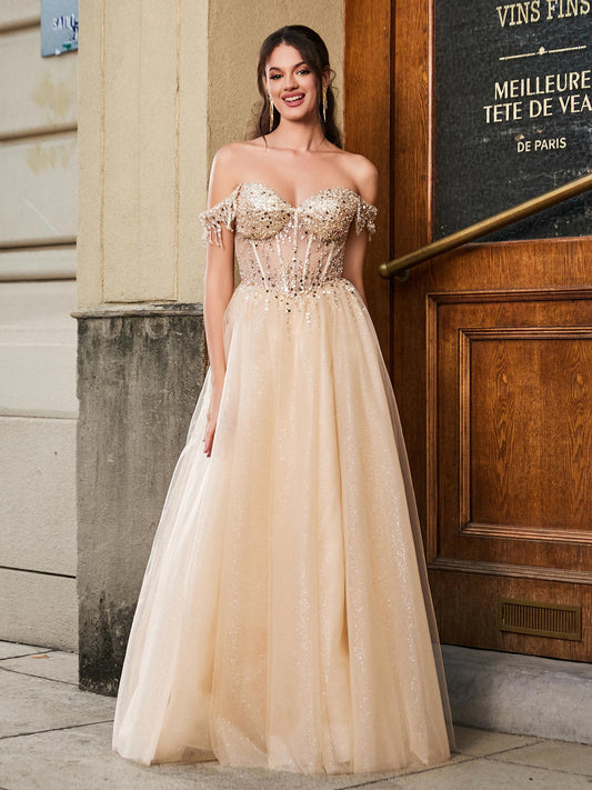 Dazzling Sequins Off-the-shoulder Maxi Dress Champagne