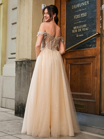 Dazzling Sequins Off-the-shoulder Maxi Dress Champagne