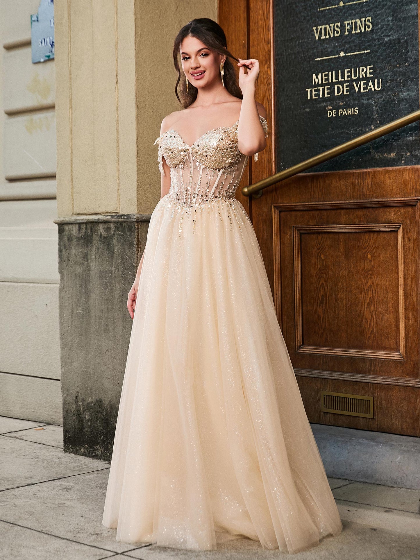 Dazzling Sequins Off-the-shoulder Maxi Dress Champagne