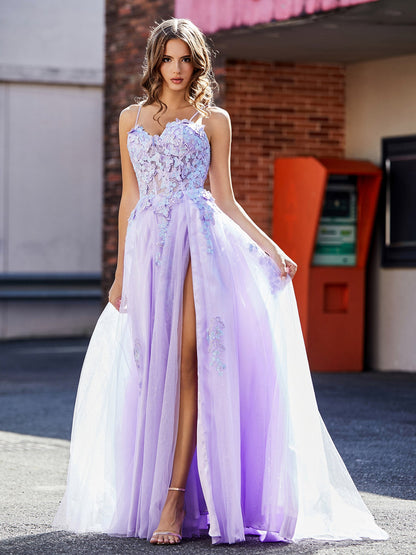 A Line Applique Top Tulle Gown with Slit Lilac