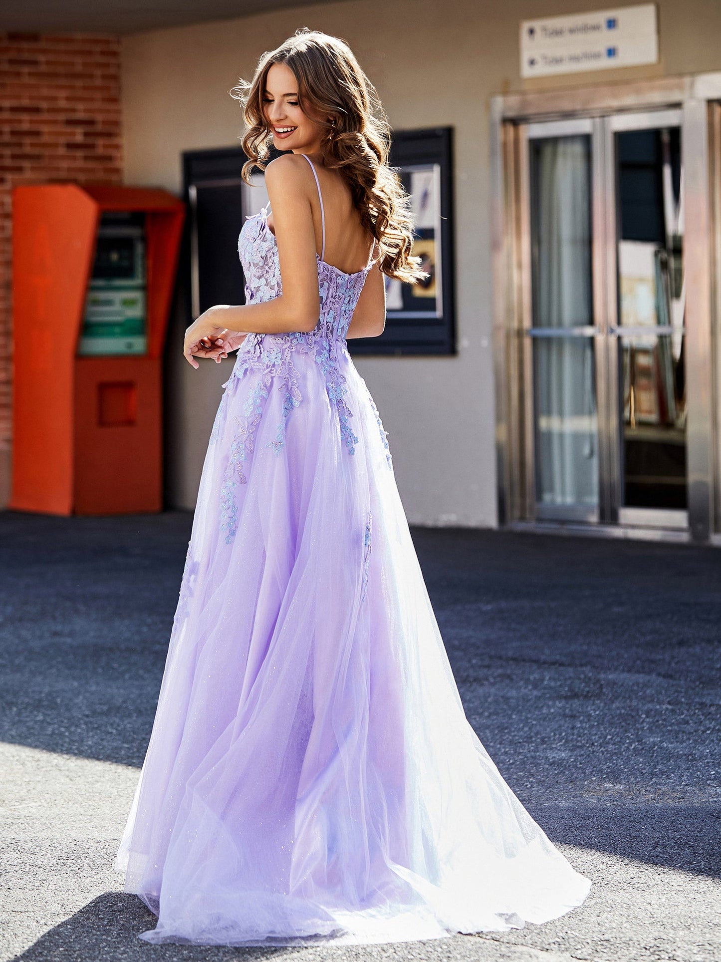 A Line Applique Top Tulle Gown with Slit Lilac