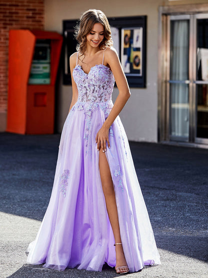 A Line Applique Top Tulle Gown with Slit Lilac