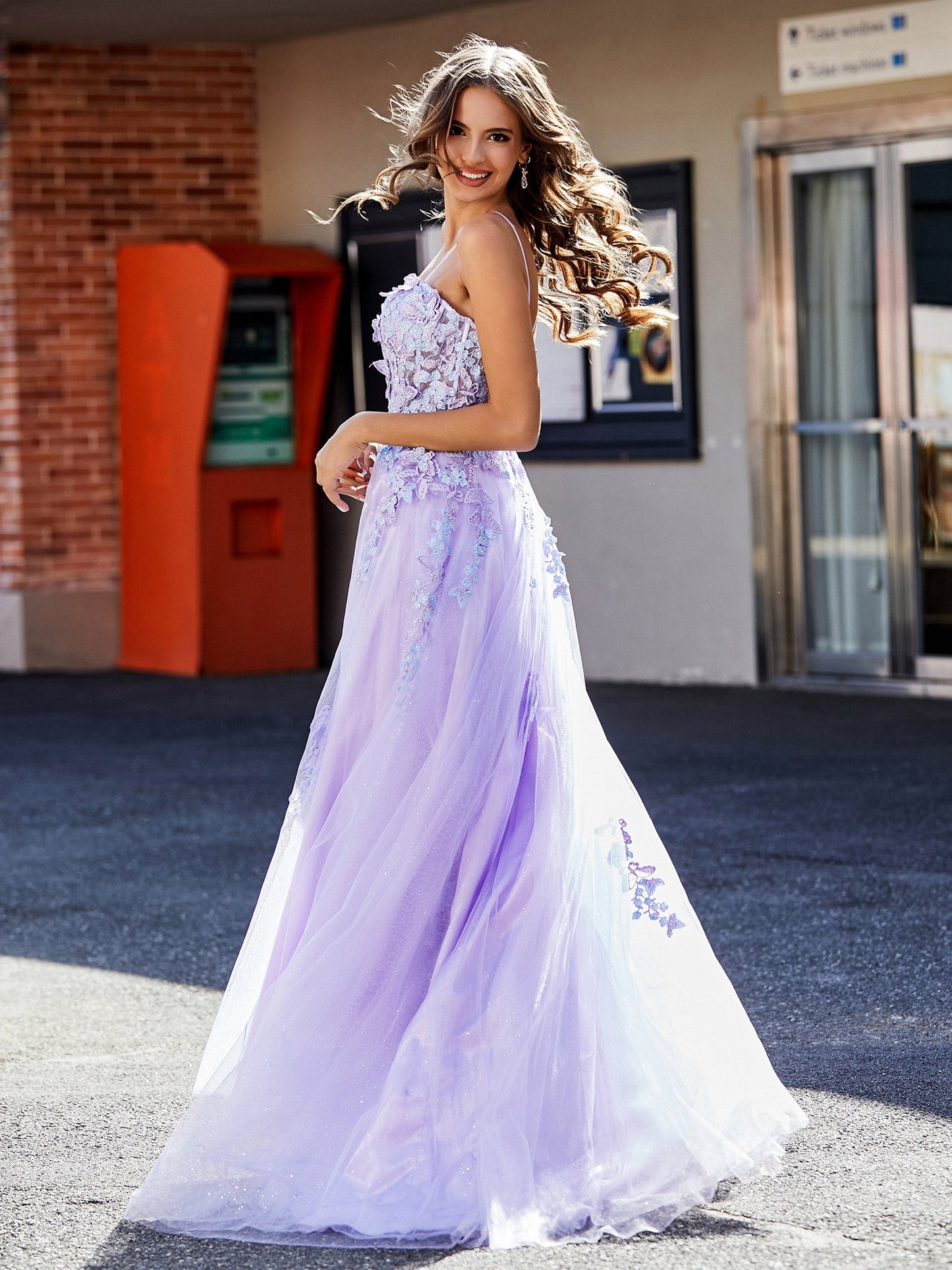 A Line Applique Top Tulle Gown with Slit Lilac