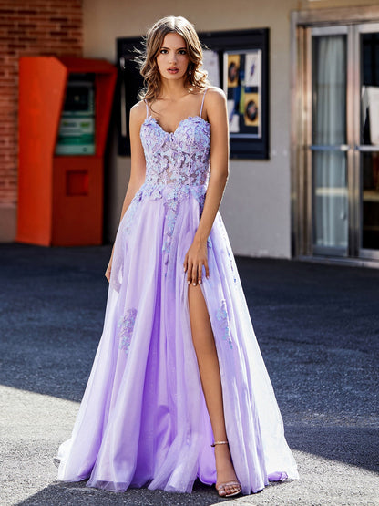 A Line Applique Top Tulle Gown with Slit Lilac