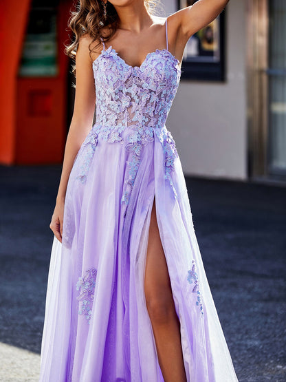 A Line Applique Top Tulle Gown with Slit Lilac