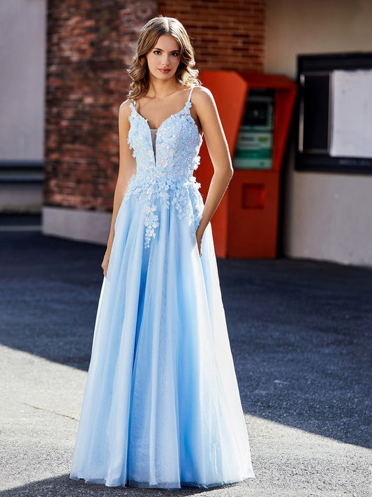 Flower Applique Ruched Skirt Tulle Gown Sky Blue