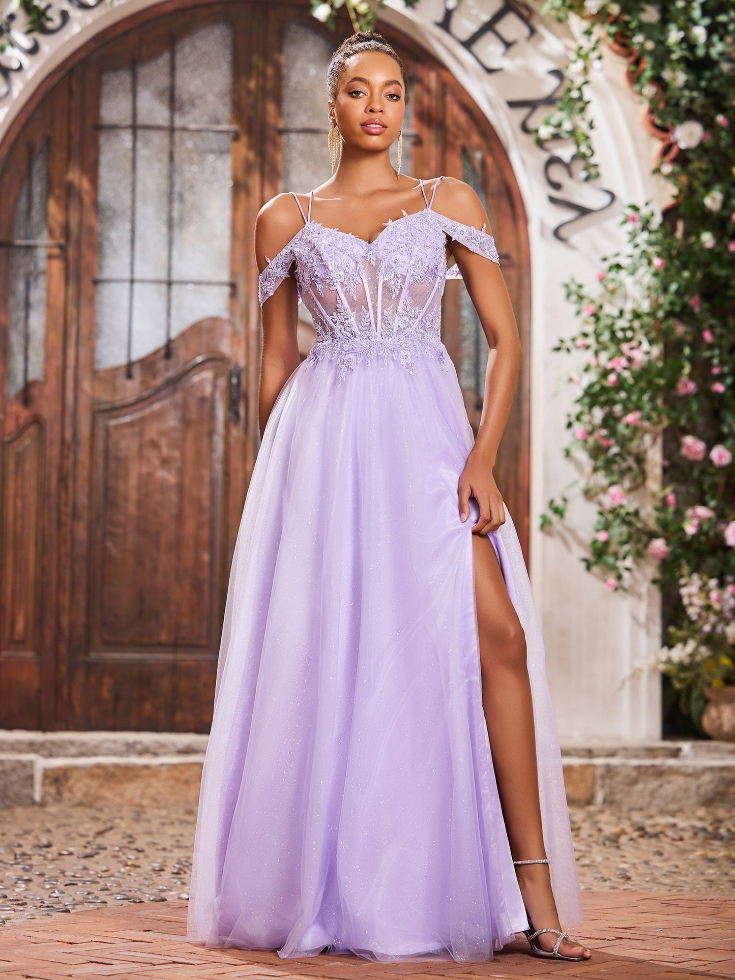Off-The-Shoulder Beaded Appliqued Maxi Dresses with Slit Lilac