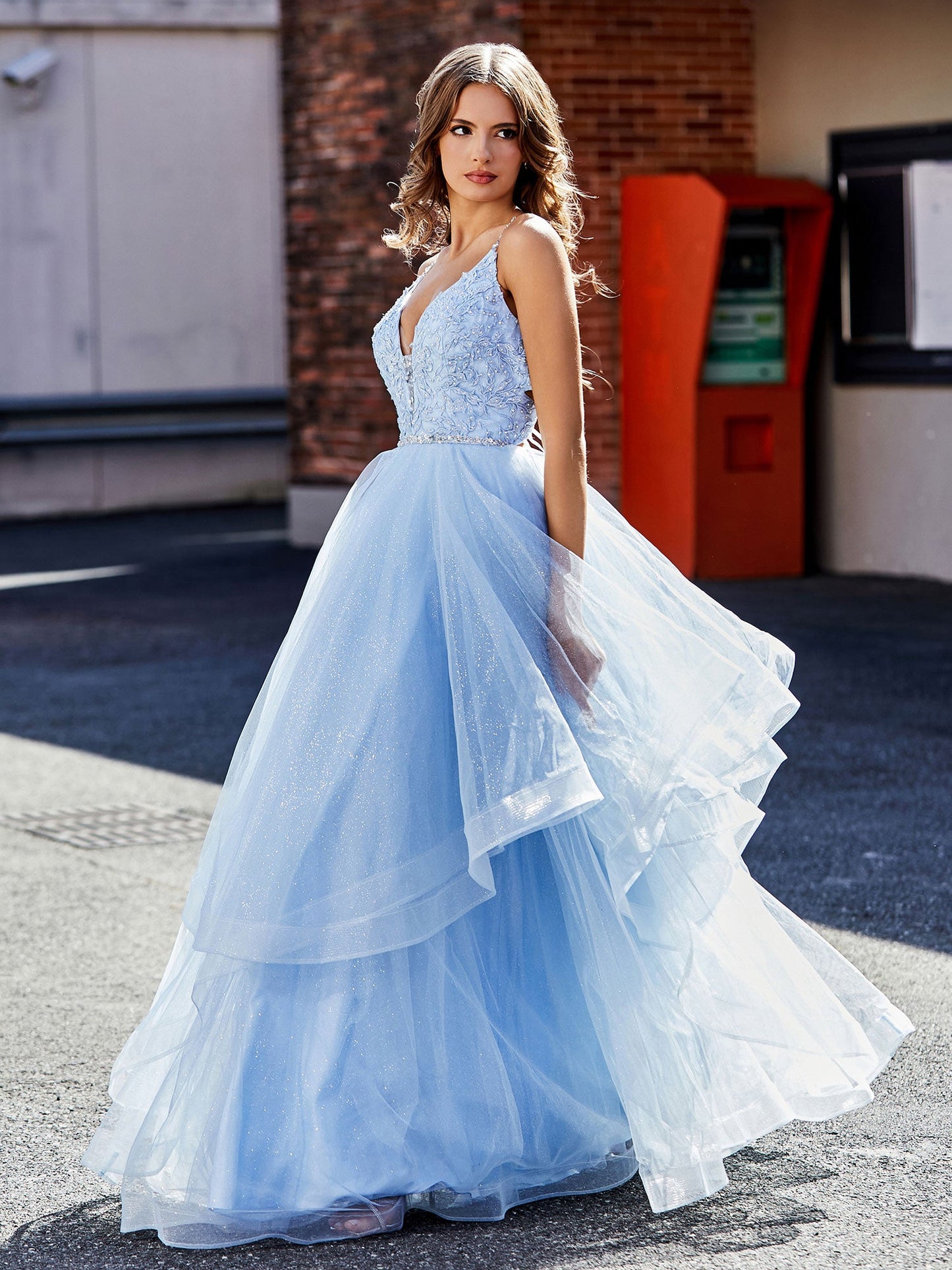 Applique Bodice Ruffled Skirt Tulle Ball Gown Sky Blue