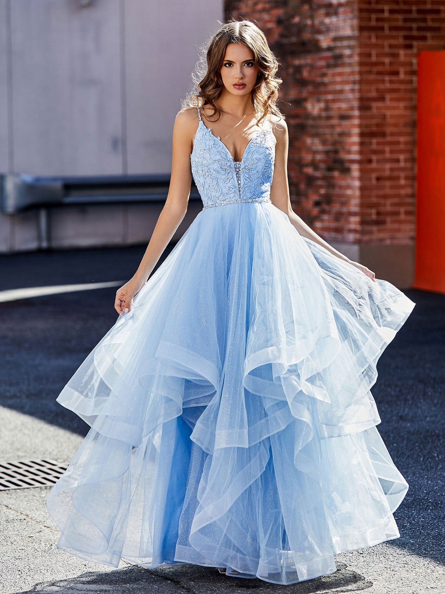 Applique Bodice Ruffled Skirt Tulle Ball Gown Sky Blue