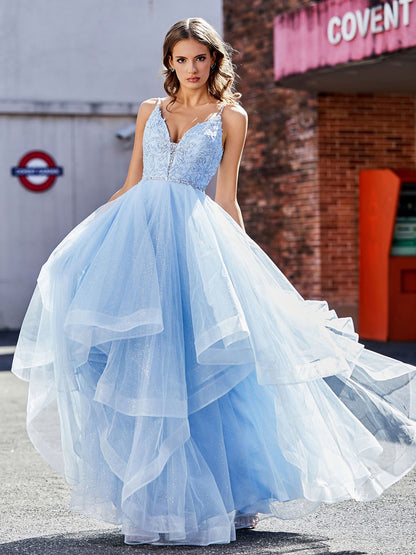 Applique Bodice Ruffled Skirt Tulle Ball Gown Sky Blue