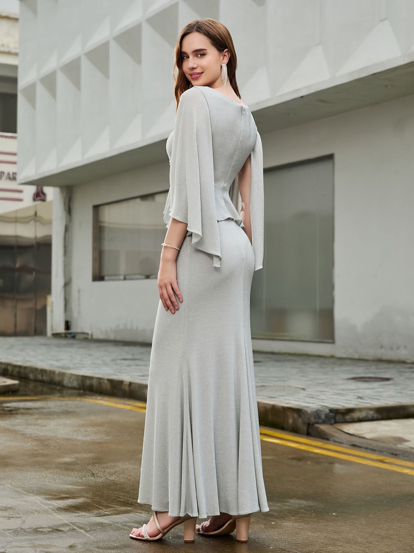 V-neck Ruffle Floor-length Dress with Flutter Sleeves Silver