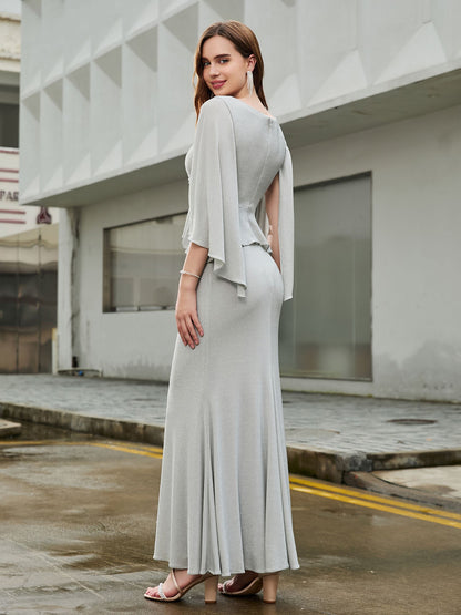 V-neck Ruffle Floor-length Dress with Flutter Sleeves Silver