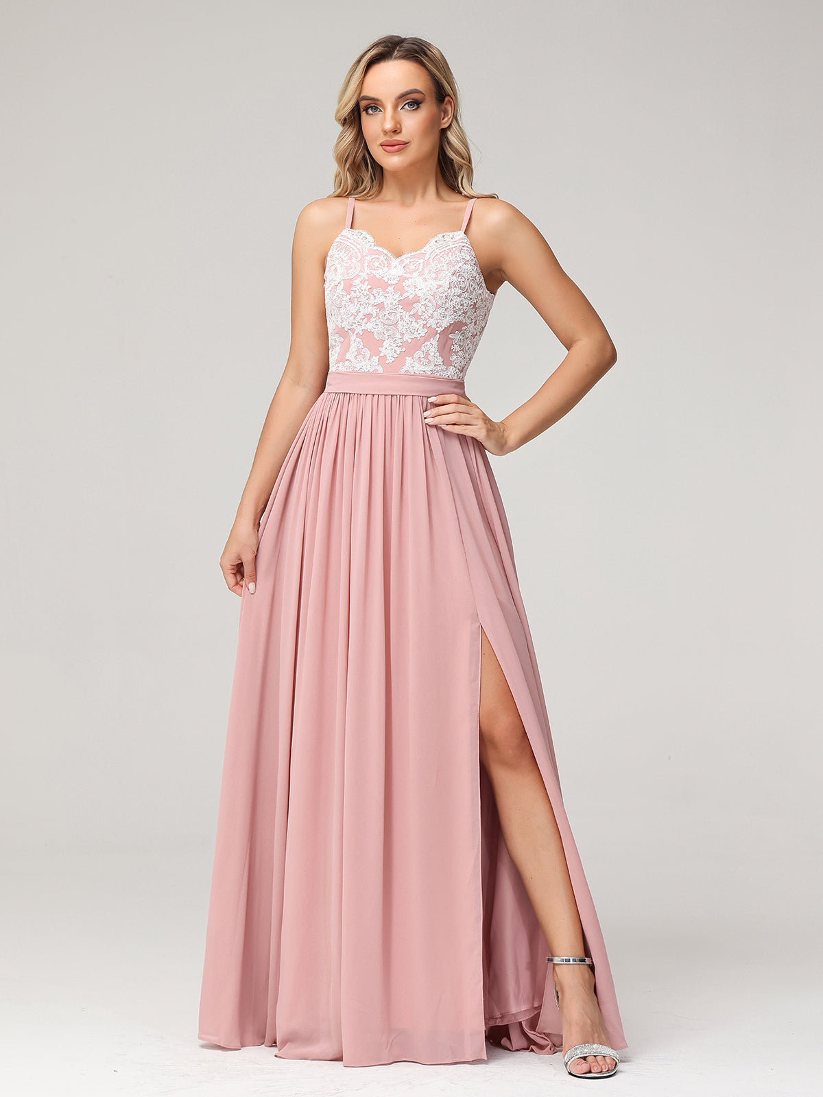 Spaghetti Strap Front Slit Dress with Ivory Lace-Dusty Rose