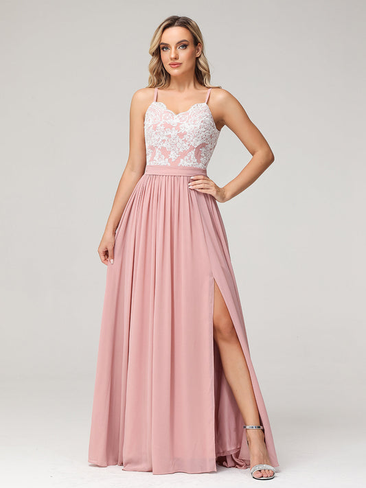 Spaghetti Strap Front Slit Dress with Ivory Lace-Dusty Rose