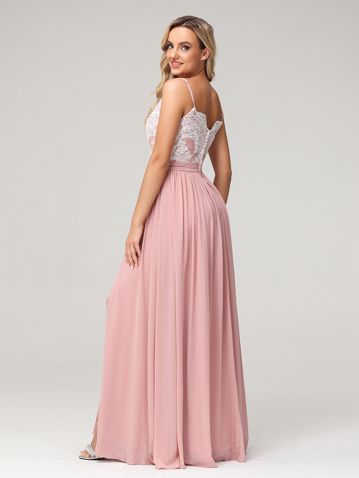 Spaghetti Strap Front Slit Dress with Ivory Lace-Dusty Rose