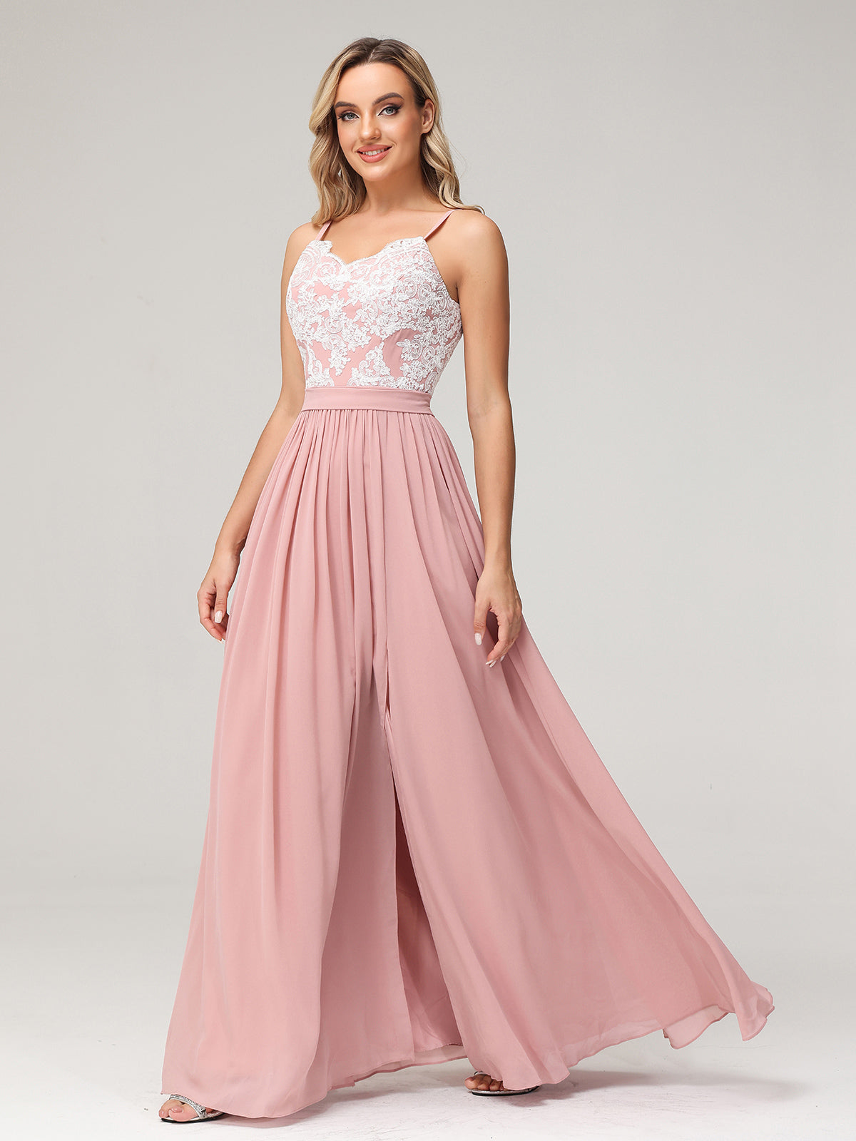 Spaghetti Strap Front Slit Dress with Ivory Lace-Dusty Rose