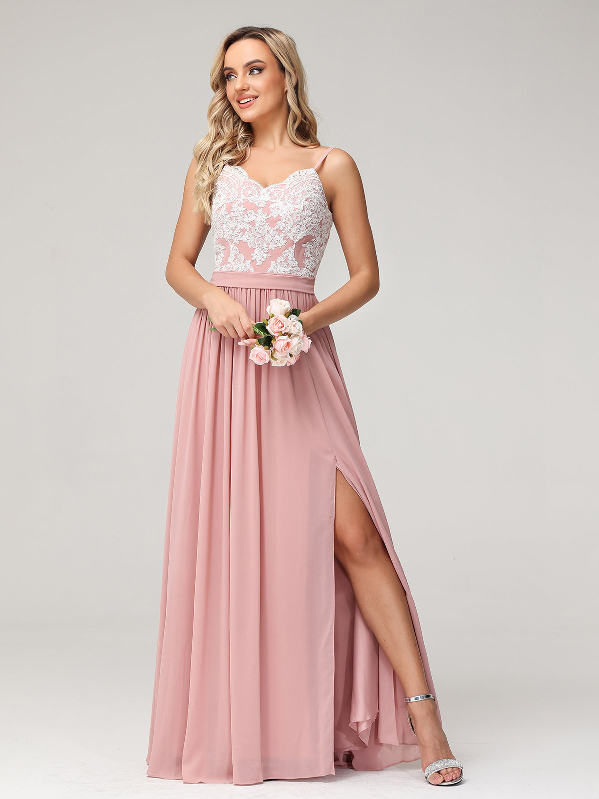 Spaghetti Strap Front Slit Dress with Ivory Lace-Dusty Rose