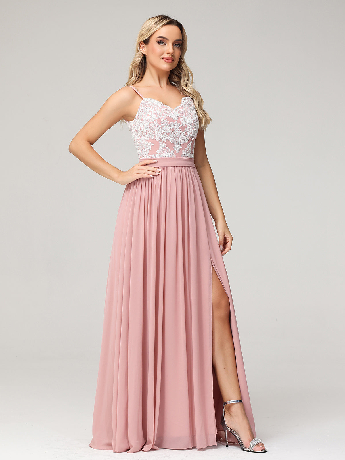 Spaghetti Strap Front Slit Dress with Ivory Lace-Dusty Rose