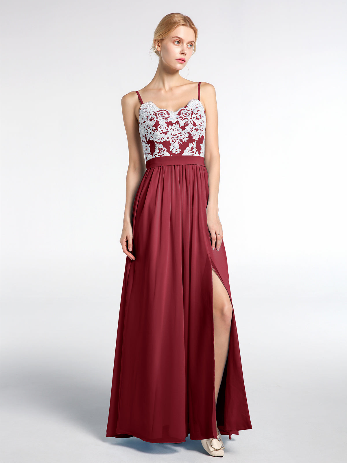 Spaghetti Strap Front Slit Dress with Ivory Lace-Burgundy