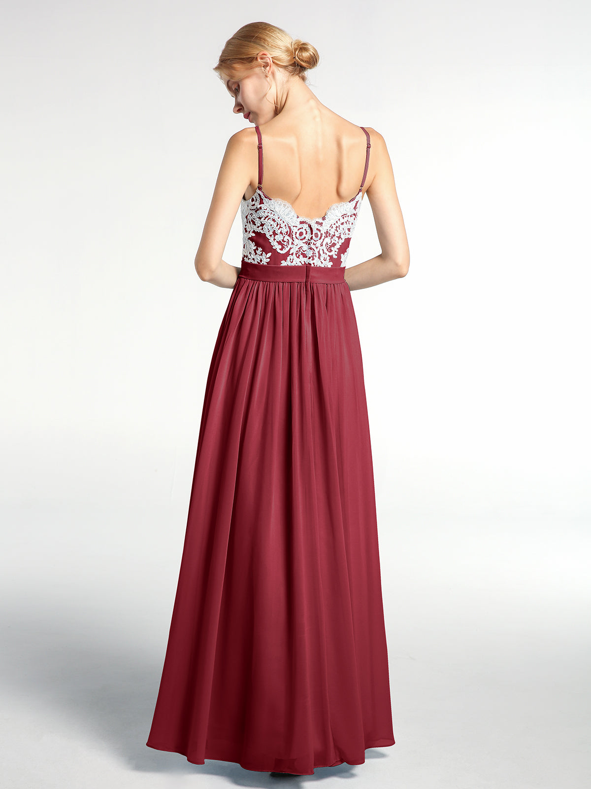 Spaghetti Strap Front Slit Dress with Ivory Lace-Burgundy
