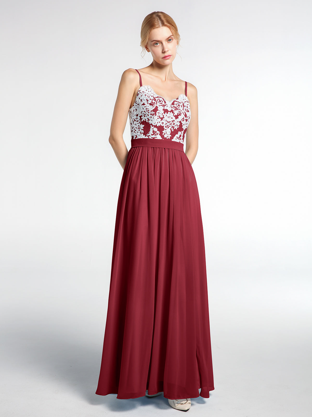 Spaghetti Strap Front Slit Dress with Ivory Lace-Burgundy