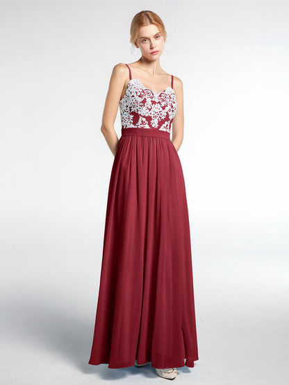 Spaghetti Strap Front Slit Dress with Ivory Lace-Burgundy