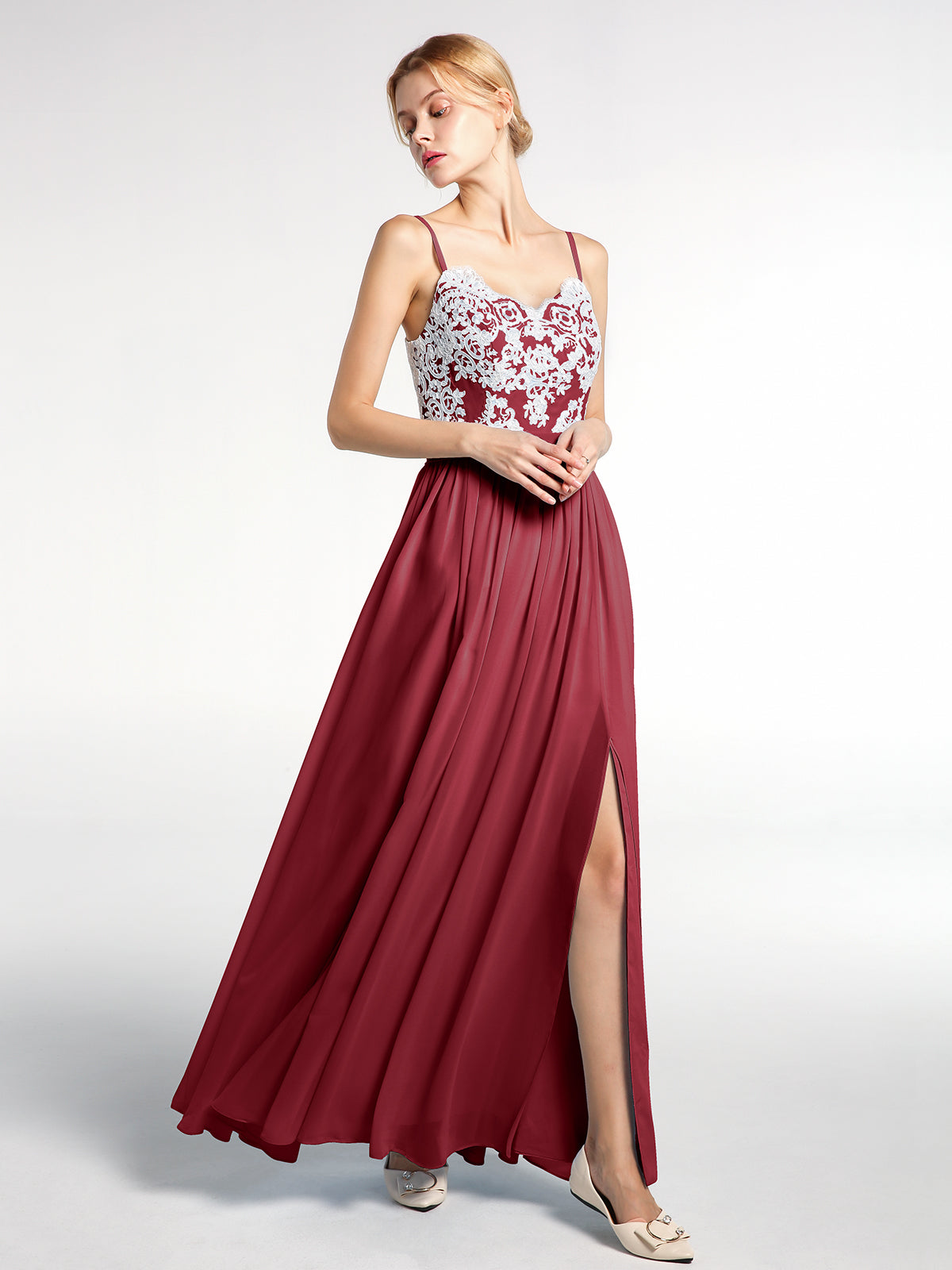 Spaghetti Strap Front Slit Dress with Ivory Lace-Burgundy
