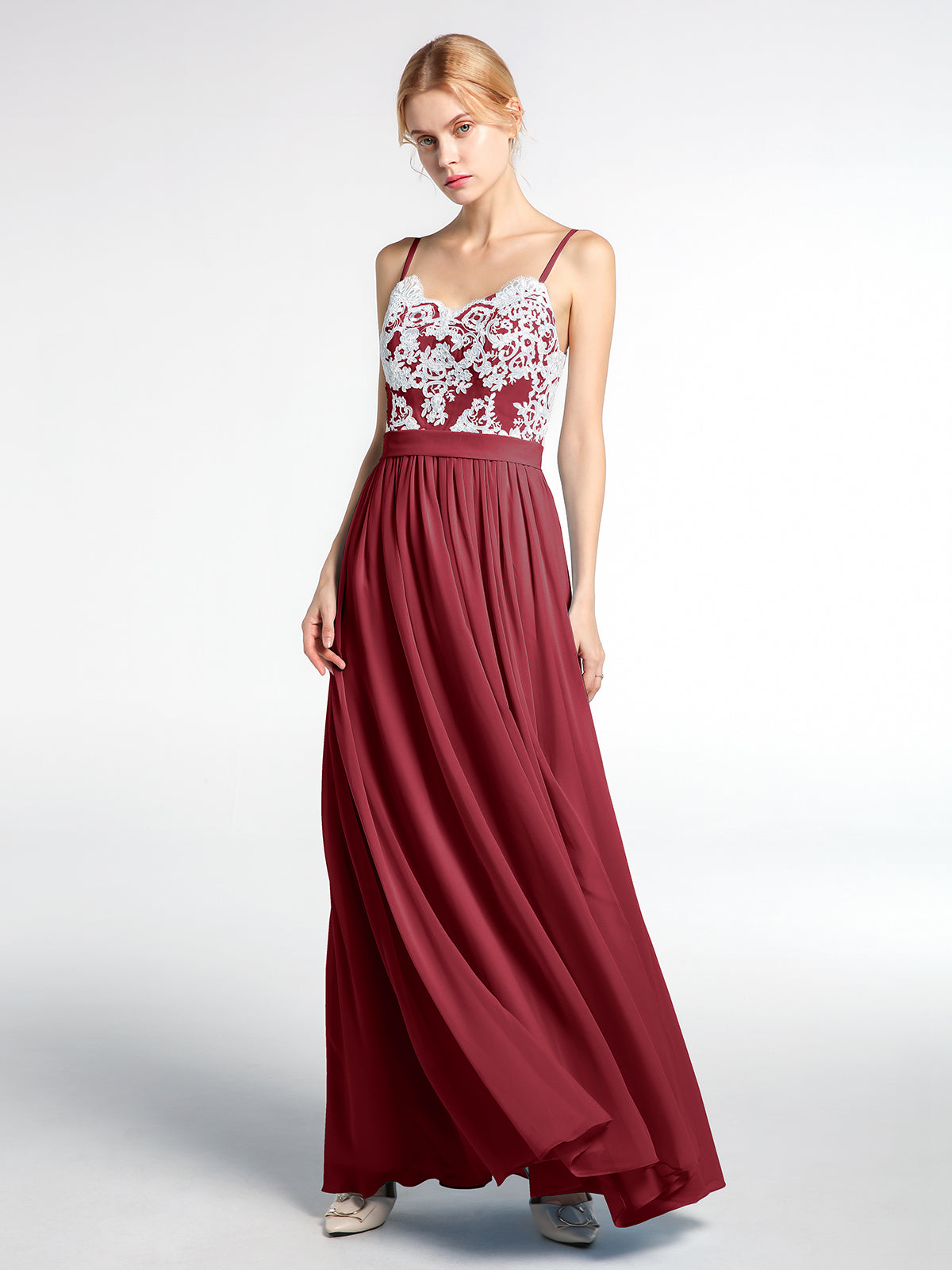 Spaghetti Strap Front Slit Dress with Ivory Lace-Burgundy