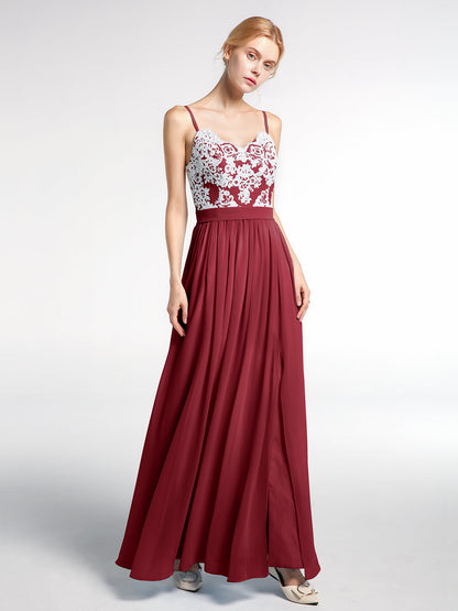 Spaghetti Strap Front Slit Dress with Ivory Lace-Burgundy