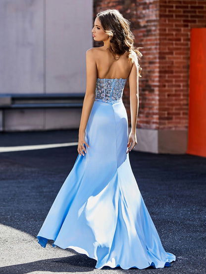High Slit Strapless Sheath Satin Gown Sky Blue