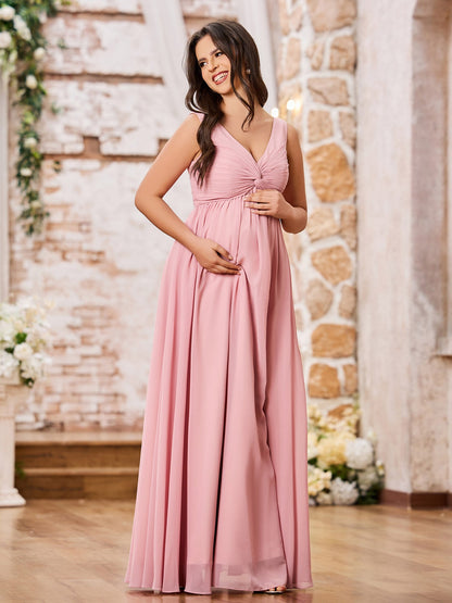 V-neck Cross Pleated Chiffon A-line Empire Dresses Dusty Rose