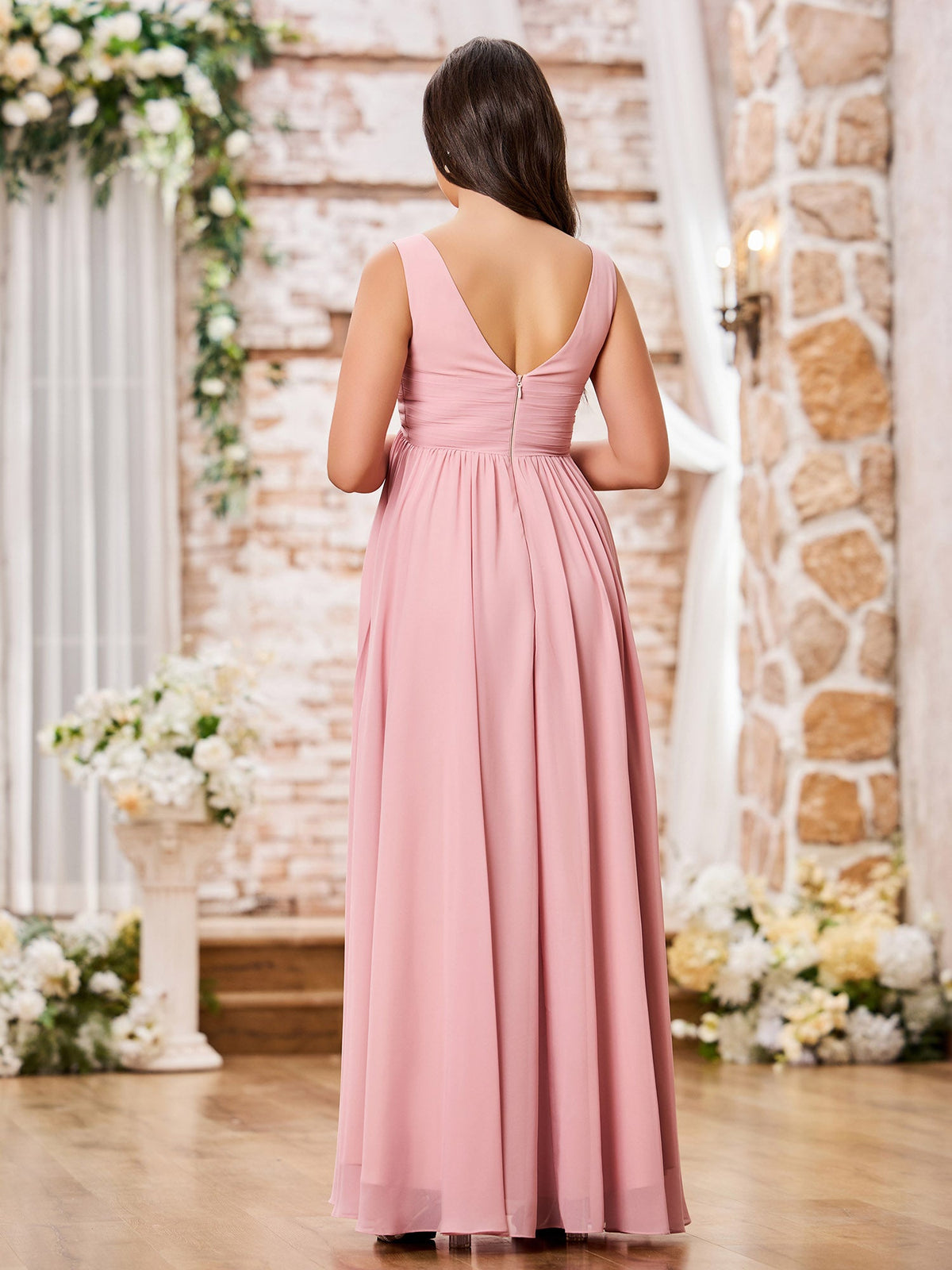 V-neck Cross Pleated Chiffon A-line Empire Dresses Dusty Rose
