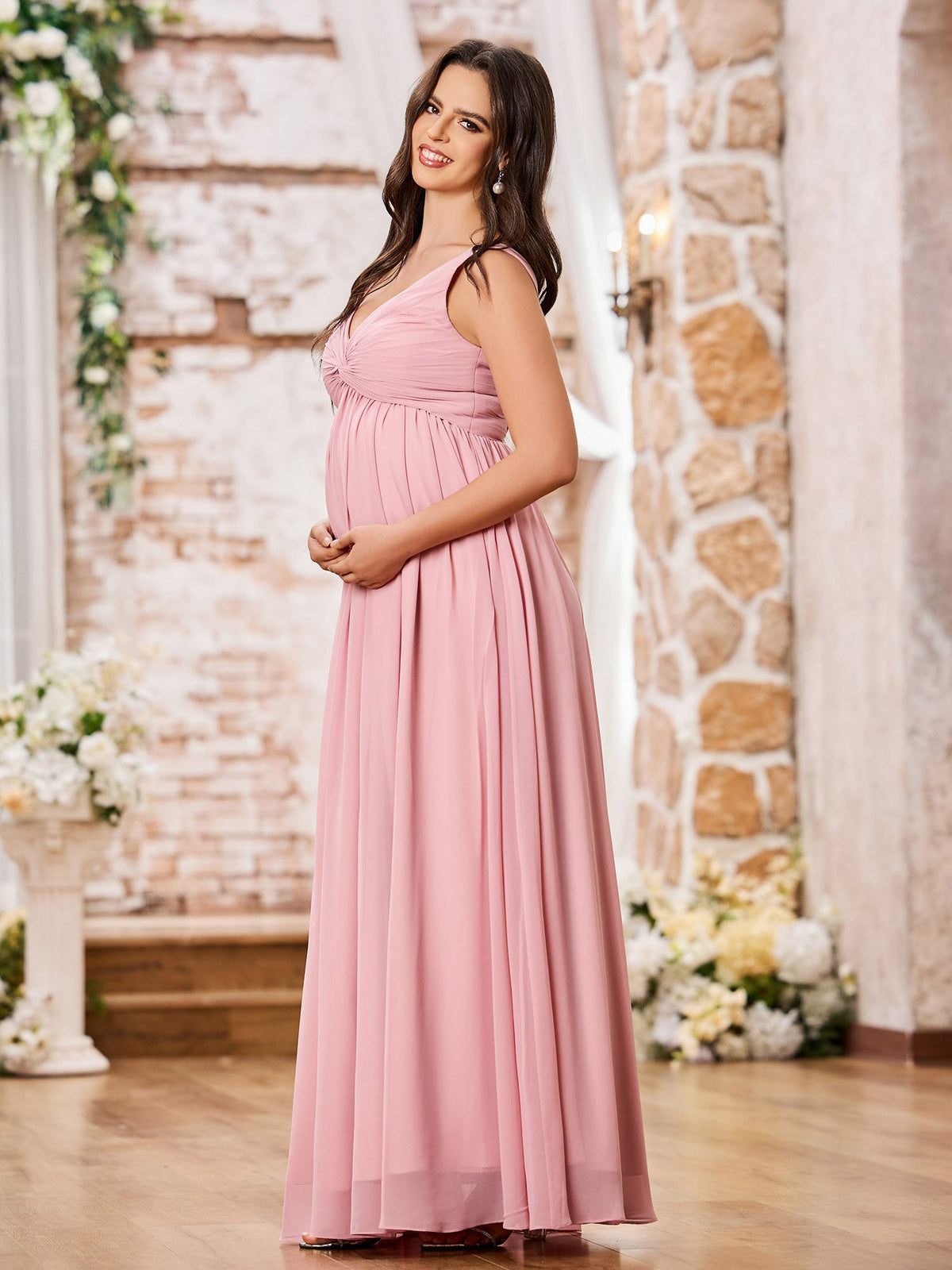 V-neck Cross Pleated Chiffon A-line Empire Dresses Dusty Rose