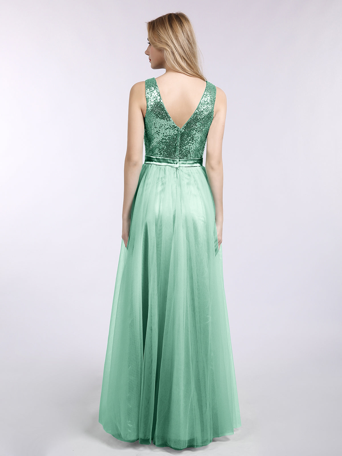 Sequins and Tulle Long Dress with V-neck-Mint Green
