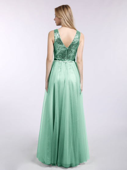 Sequins and Tulle Long Dress with V-neck-Mint Green