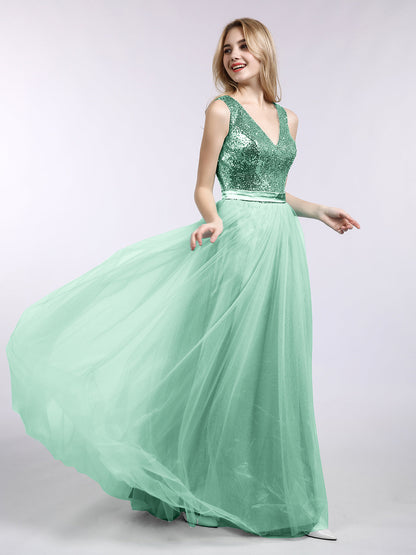Sequins and Tulle Long Dress with V-neck-Mint Green