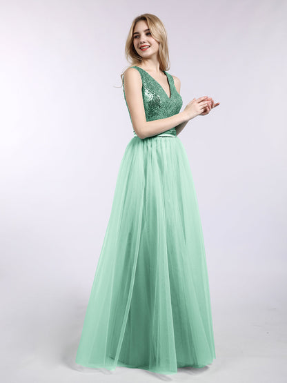 Sequins and Tulle Long Dress with V-neck-Mint Green