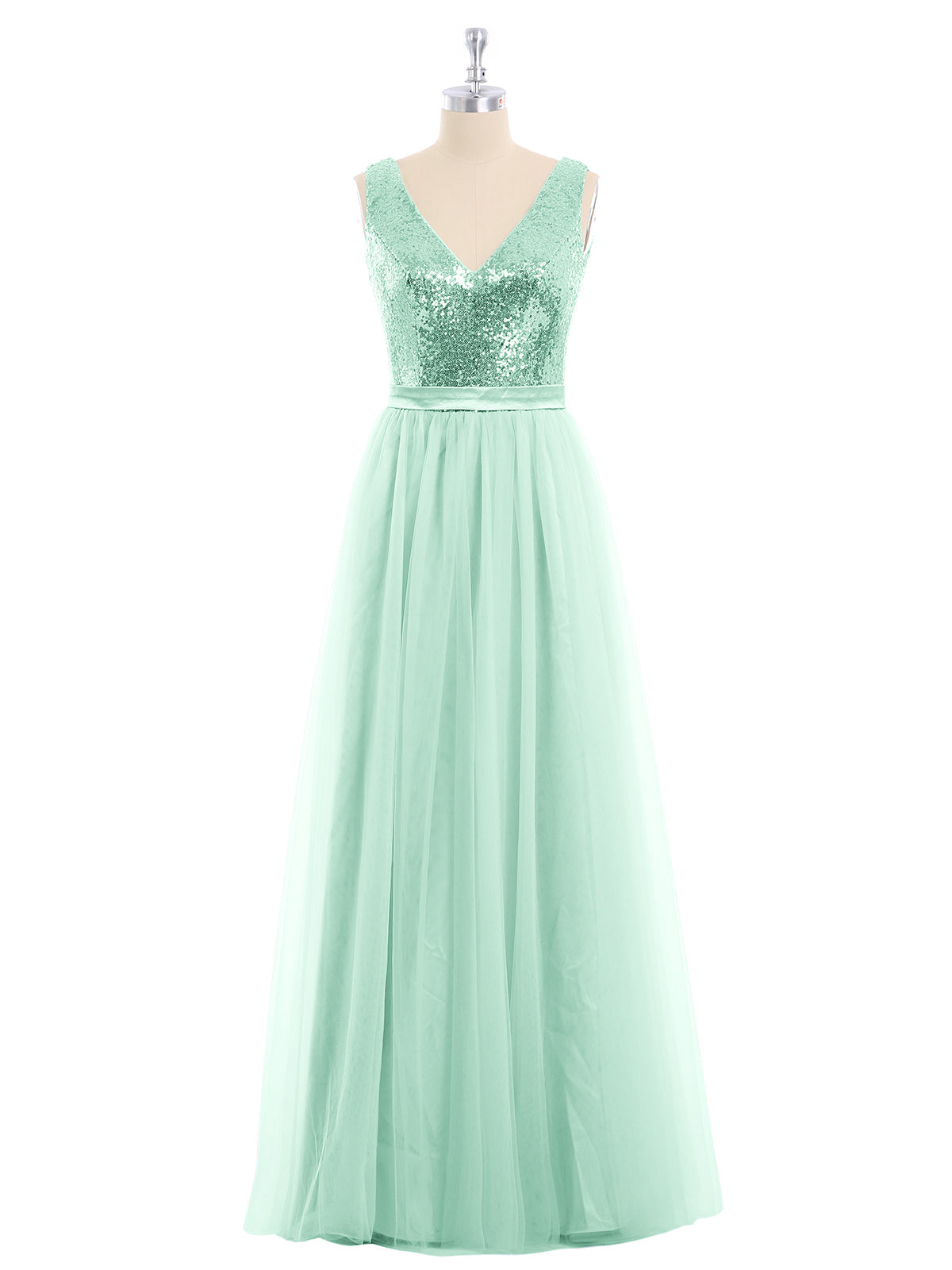Sequins and Tulle Long Dress with V-neck-Mint Green