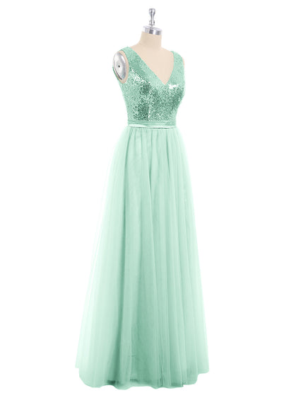 Sequins and Tulle Long Dress with V-neck-Mint Green