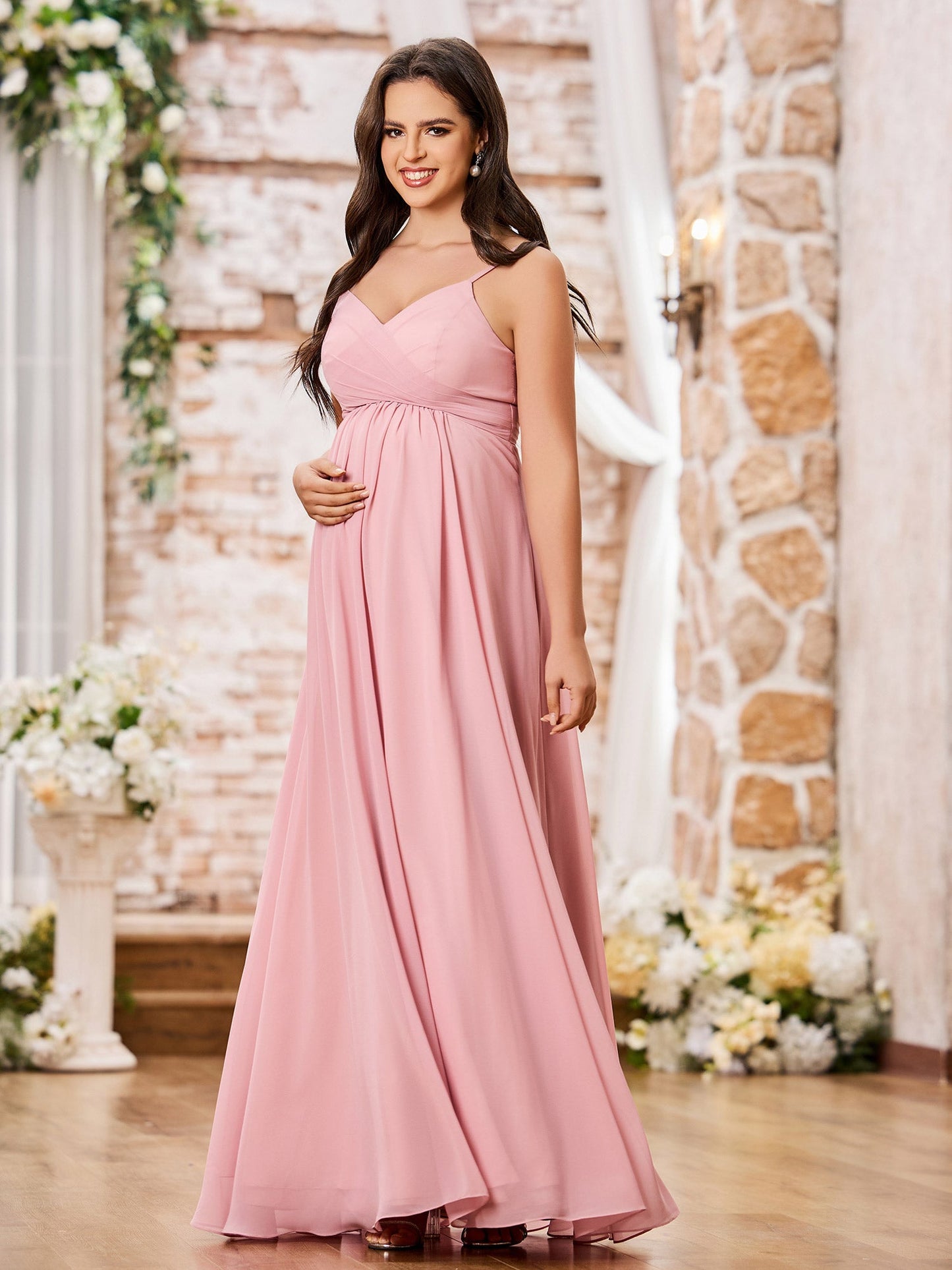 A-line V-neck Spaghetti Straps Empire Chiffon Dresses Dusty Rose