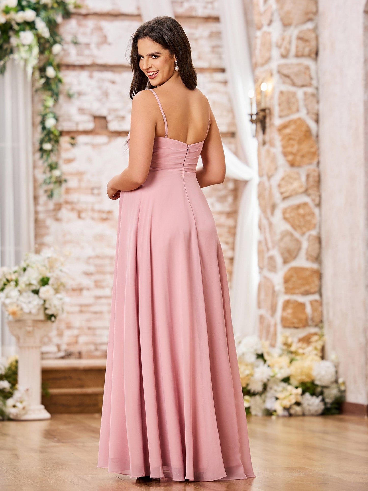 A-line V-neck Spaghetti Straps Empire Chiffon Dresses Dusty Rose