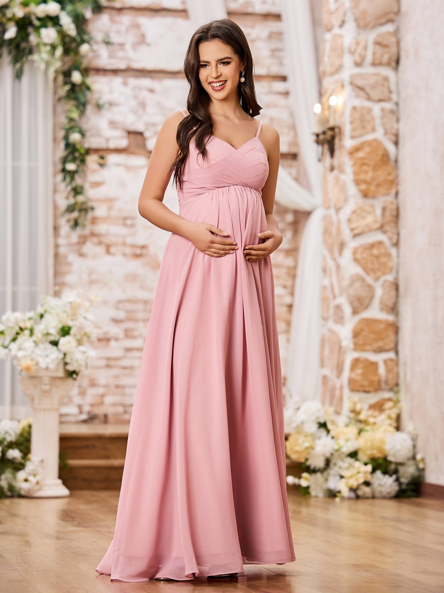 A-line V-neck Spaghetti Straps Empire Chiffon Dresses Dusty Rose